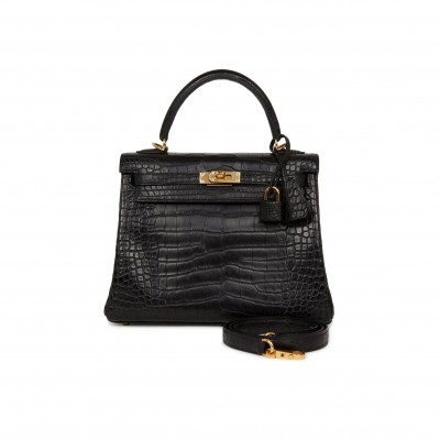 HERMÈS MASTER KELLY RETOURNE 25 BLACK MATTE ALLIGATOR GOLD HARDWARE (25*20*13cm) 